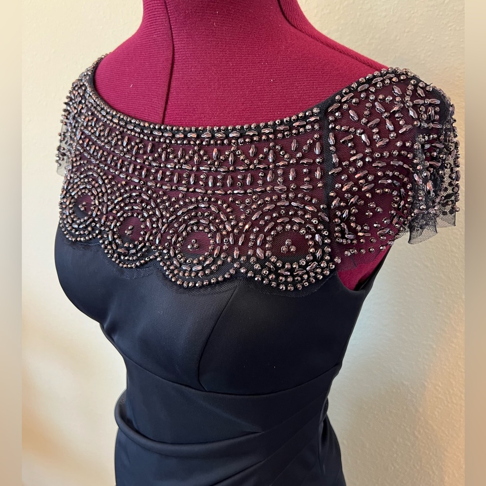 Formal navy chiffon beaded cocktail dress